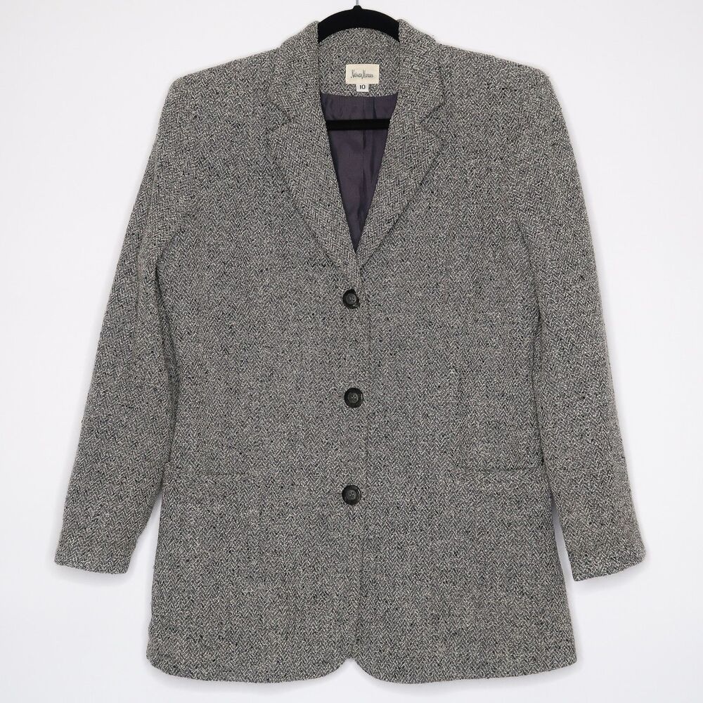 Neiman Marcus Womens Wool Blend Blazer Size 10 Herringbone Academia Chevron Gray